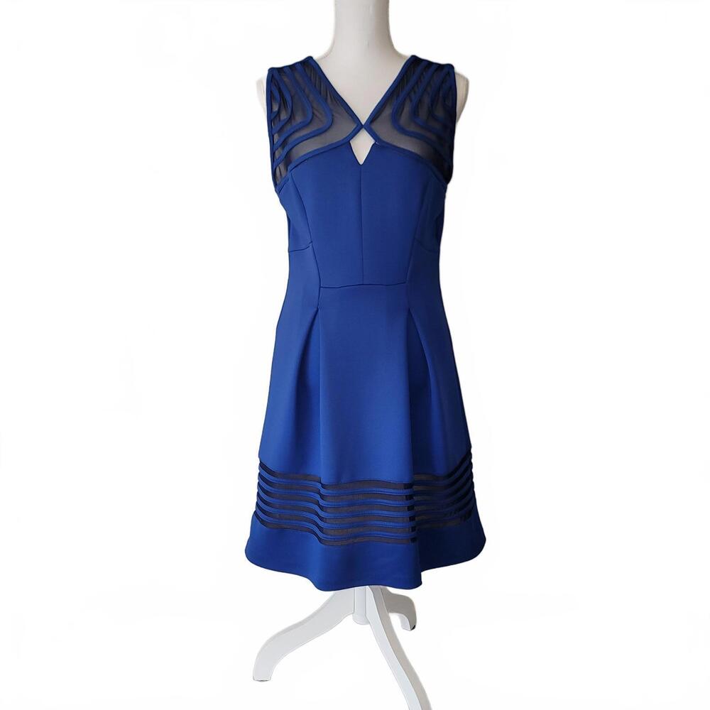 JAX Illusion Keyhole Mesh Wide Pleated Geometric Sleeveless Dress Royal Blue 8
